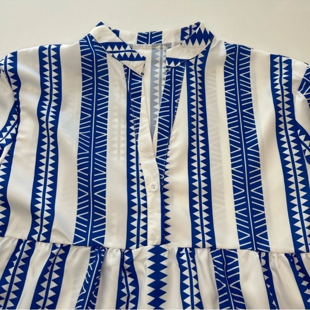 Baby Doll Mini Dress Geometric V-Neck Striped Blue & White Women’s Size Large - Picture 5 of 14
